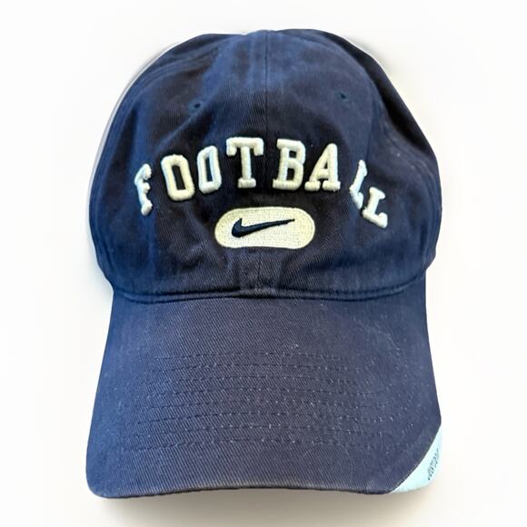 Vintage Y2K Nike Football Spellout Swoosh Navy Adjustable Strapback Hat Cap - Picture 1 of 8